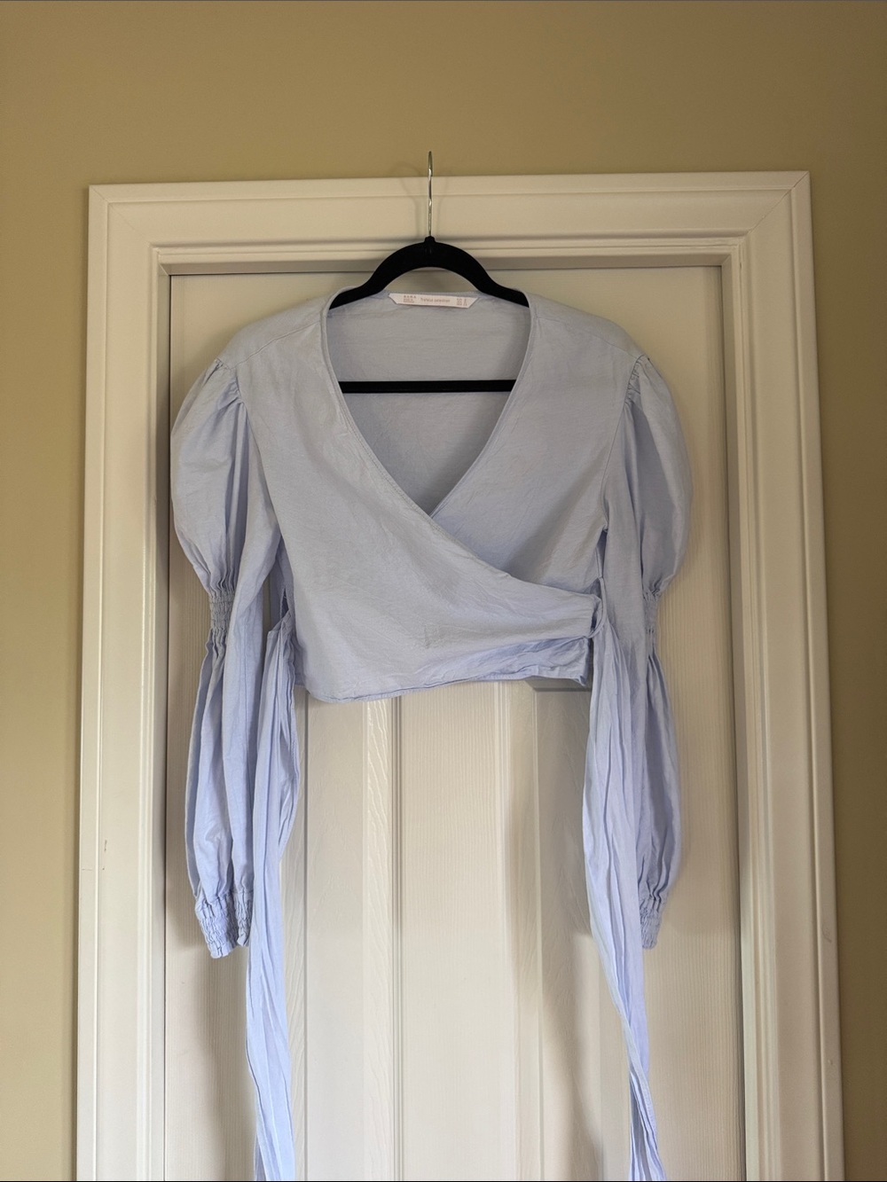 Zara Light Blue Wrap Crop Top with Puff Sleeves